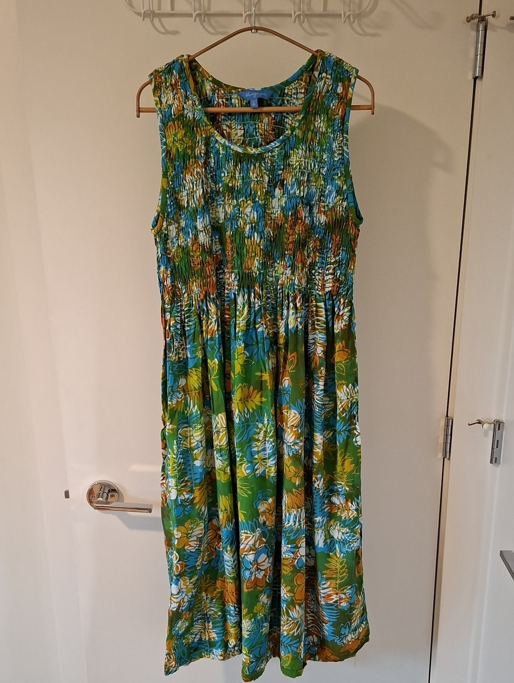 Blue Ginger Bold Blue & Green Floral/Tropical Print Smocked Maxi Dress (Size L)